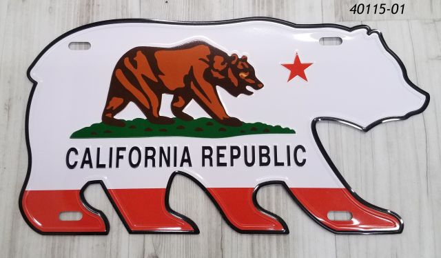 California Souvenir Bear Flag sign shaped like a bear.  Aluminum material. 