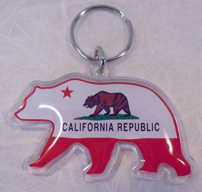 Souvenir plastic keyring California Bear Flag design.   Bear shaped keyring