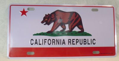 Souvenir embossed license plate with California Bear Flag design.