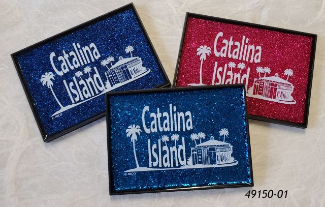 49150-01 Souvenir Catalina Island Magnet.  Rectangular with glitter background and Casino Palms imprint.   3 asst colors