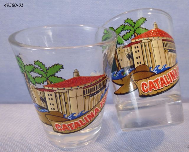 49580-01 Catalina Island Souvenir shotglass with glitter casino palms design. 