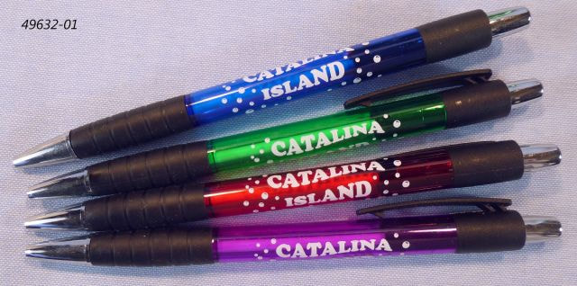 49632 4 assorted souvenir ballpoint pens in translucent jewel tone colors with a white imprint with bubbles:  Catalina Island. 