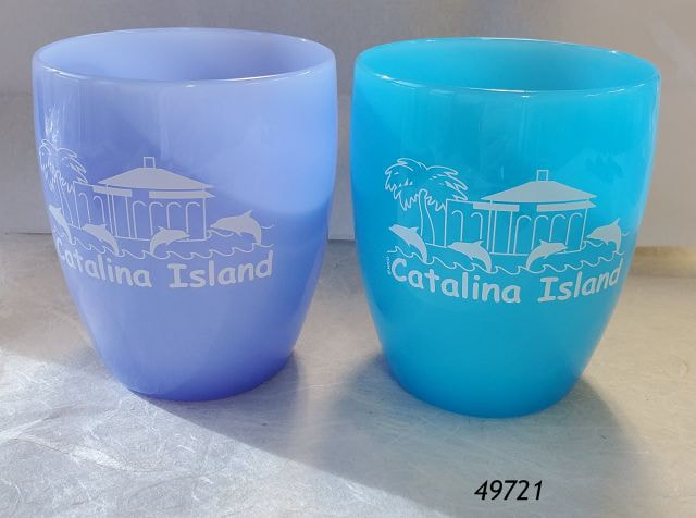 49721  Catalina Island souvenir plastic tumblers, 2 assorted colors, rounded.  Casino dolphins design. 