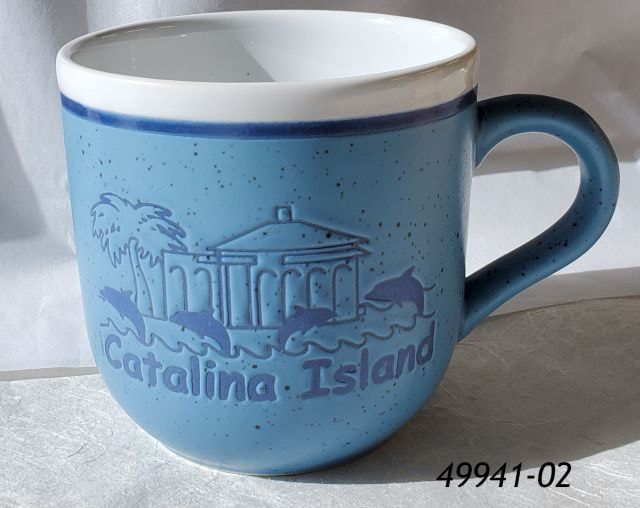 49941-02 Catalina Island souvenir mug.  Blue speckle, barrel shape with Casino Dolphins design and smooth white liner. 