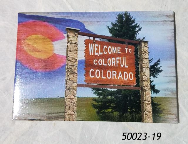 2" x 3" Colorado souvenir photo magnet with Welcome To Colorful Colorado Sign and waving flag.  