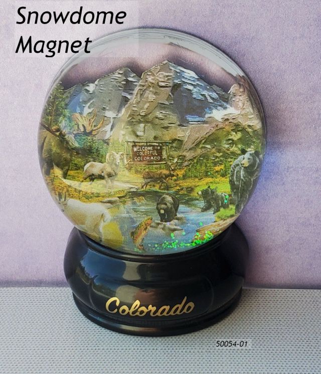 50054-01 Colorado Souvenir magnet with black base and circular snowdome with multi animal design. The magnets embedded on the back are very strong. 