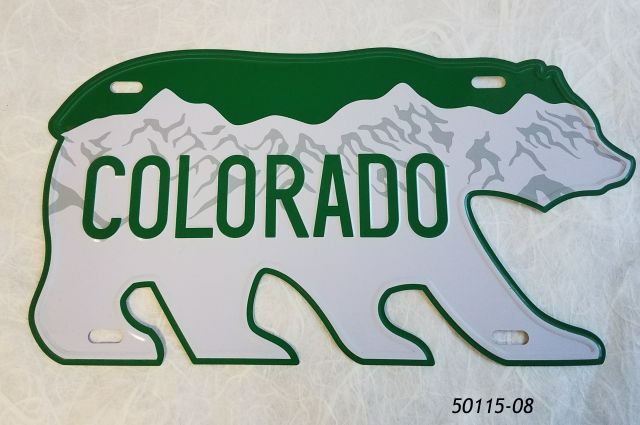 Colorado Souvenir License Plate, Embossed Metal.  Bear  Cutout Shape.