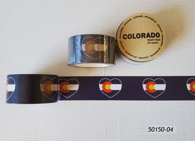 50150-04 Colorado souvenir roll of tape with dark blue background and repeating Colorado flag shaped like a heart design. 