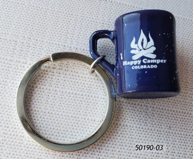 50190-03 Colorado Souvenir Keyring with mini metal cup in dark blue color with Happy Camper design. 