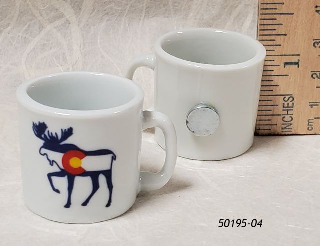 50195-04  Colorado miniature coffee cup souvenir magnet with Moose Flag design. 