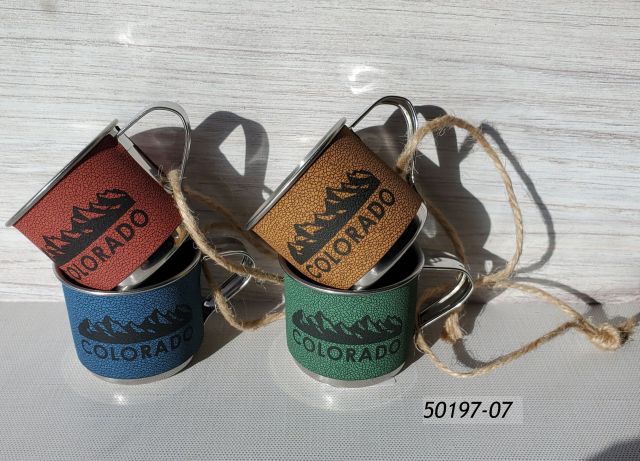 50197-07 Small Colorado Souvenir ornament, mini cup, stainless with twine hanger, leatherette wrap in four assorted colors and printed mountain graphic. 