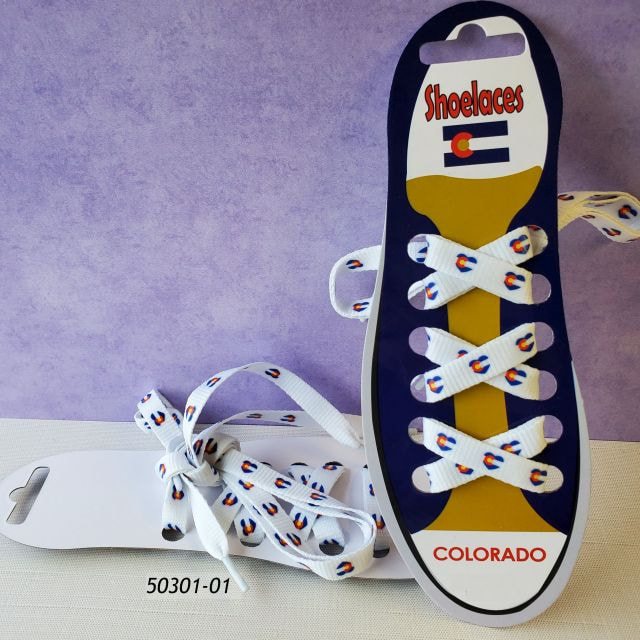 50301-01 Colorado Souvenir Shoelaces, 1 pair laced onto a card that looks like a shoe.  Shoelaces are white with mini heart design and the heart looks like the Colorado Flag. 