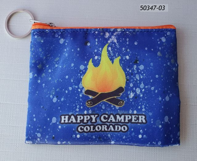 50347-03 Colorado Zip Pouch Souvenir keyring with Happy Camper design.  Satin type material and orange zipper
