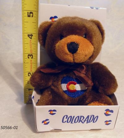 Souvenir Plush bear toy witih Colorado Flag heart shaped embroidery design. 