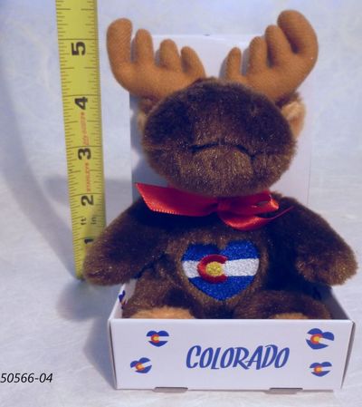 Souvenirs Plush toy moose with Colorado Flag design in heart shaped embroidery. 