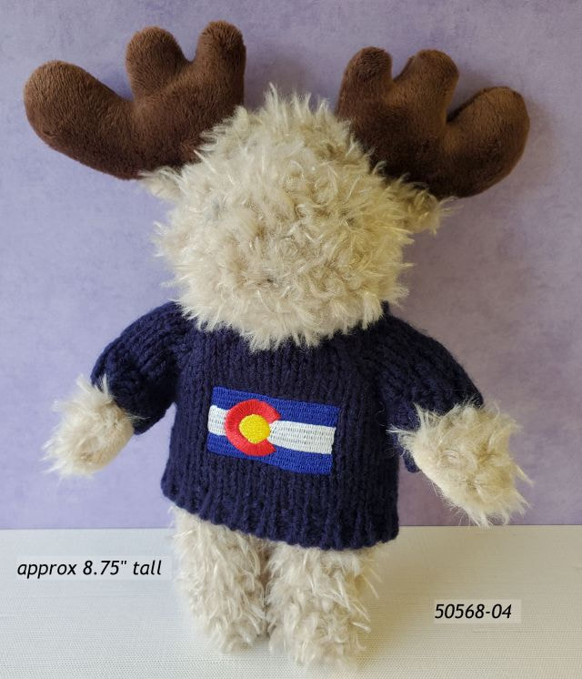 50568-04 Colorado Souvenir plush moose with fuzzy fur and a navy blue sweater with a Colorado Flag embroidered on it. 