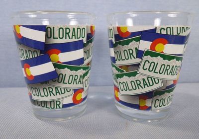 Colorado Souvenir Shotglass with license plate and flag design
