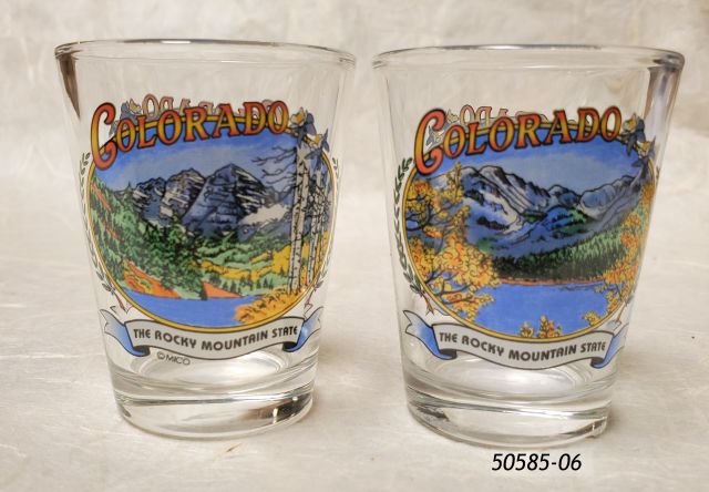 50585-06 Colorado Clear Souvenir Shotglass with two-sided scenic design of mountains and lakes. 