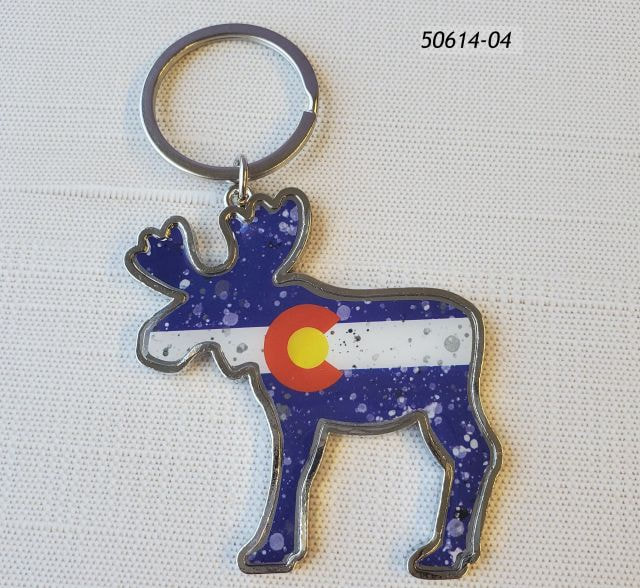50614-04 Colorado souvenir keyring, moose shape silhouette in metal with Colorado Flag design with various speckles reflective of campware enamel. 