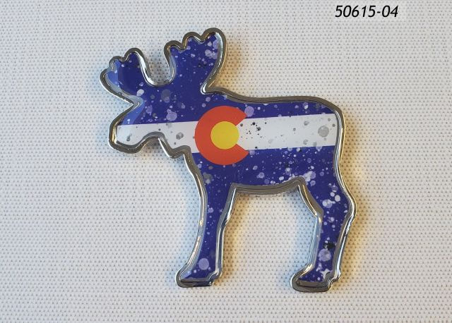 50615-04 Colorado souvenir magnet.  Moose silhouette with Colorado flag design with various speckles reflective of enamel campware. 