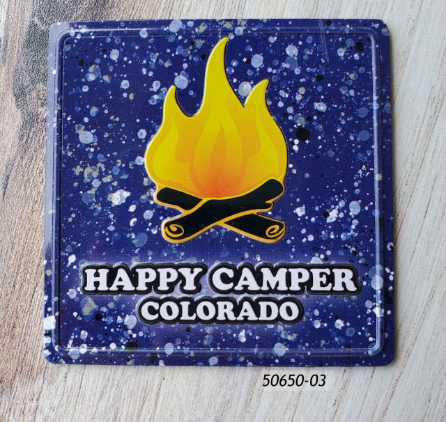 50650-03 Colorado Square Aluminum magnet with blue speckle and campfire design and Happy Camper Colorado text.