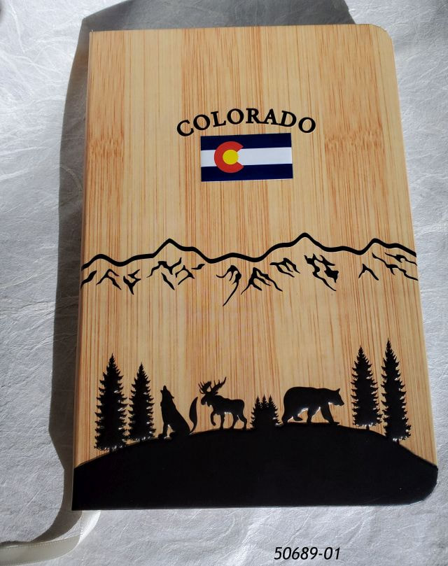 50689-01 Colorado Wood Look Journal Notebook with Flag and animals design. 