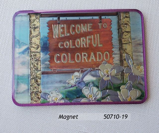 50710-19 Rectangular Magnet, roughly 2.5" x3.5" with foil etch graphic that features a Welcome to Colorful Colorado design and columbine flowers. 