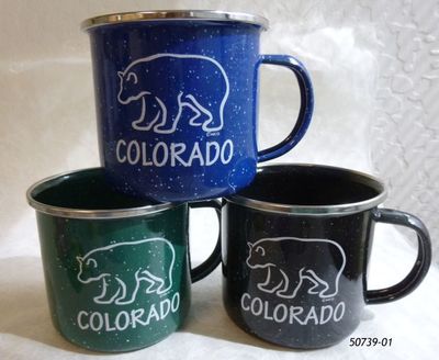 Colorado Souvenir Enamelware Metal Cups with Bear design.  