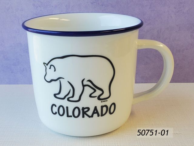 50751-01 Colorado souvenir mug, full size, white porcelain, blue trim and black bear sketch design. 