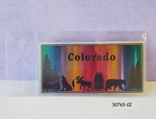 50765-02 Colorado foil etch rainbow blend sticker with animal silhouettes.  Comes in poly bag with a tab for hanging for display. 