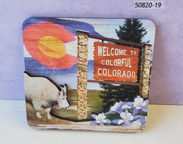 50820-19 Colorado Square souvenir magnet, 2 layer fiberboard with Colorful Colorado sign, Flag, columbine flowers, mountain goat. 