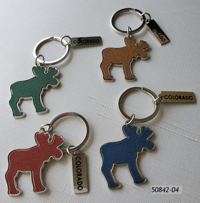 50842-04 Colorado Souvenir Metal Moose silhouette shaped keyring with 4 assorted colors leatherette insert and printed metal tab that says Colorado