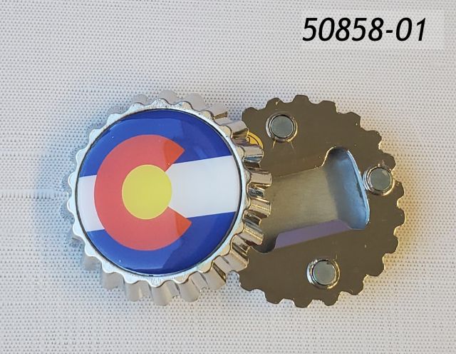 50858-01 Colorado souvenir magnet.  Metal, shaped like an oversized bottle cap with an inset circular Colorado Flag design. This is a bottle opener. 