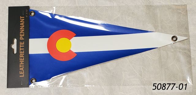 50877-01 Colorado Souvenir Leatherette Pennant, measuring 6 by 12 inches and in a poly bag with header card for hanging. Design is Colorado Flag in triangular format.