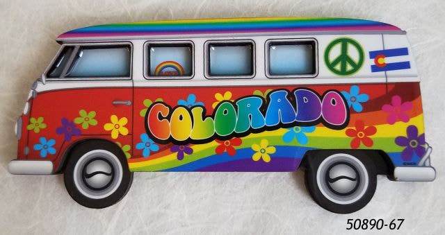 Souvenir Colorado Magnet die cut in the shape of a van with retro hippy design work.   
