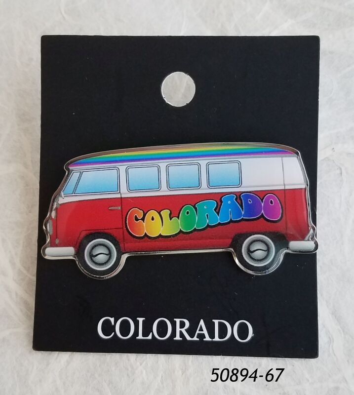 Colorado Souvenir Pin/Hat Tack.  Design is Red Hippy Van w groovy rainbow letters. 
